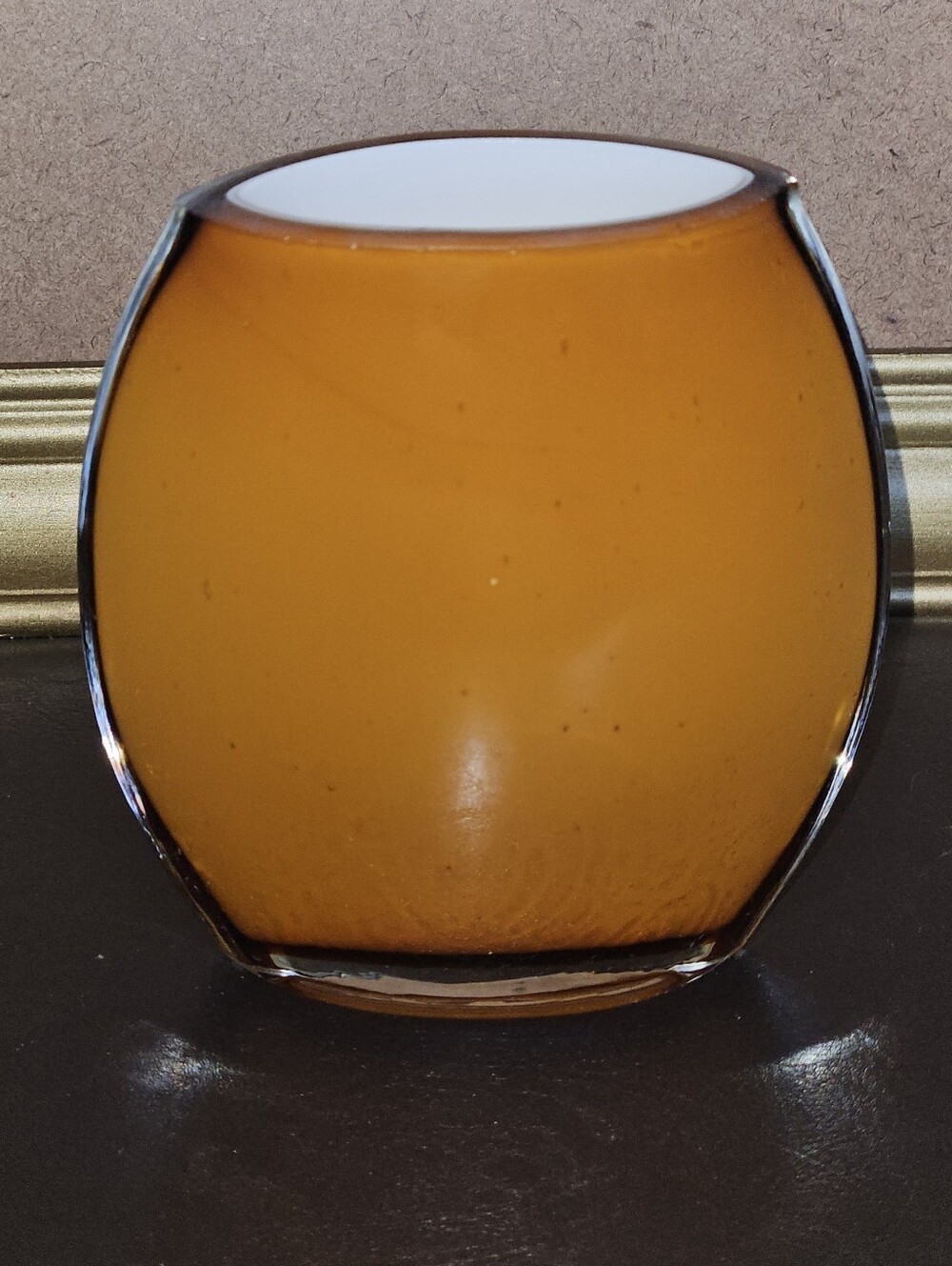 Vintage Amber Glass Votive Candle Holder or Vase w White Glass Inside